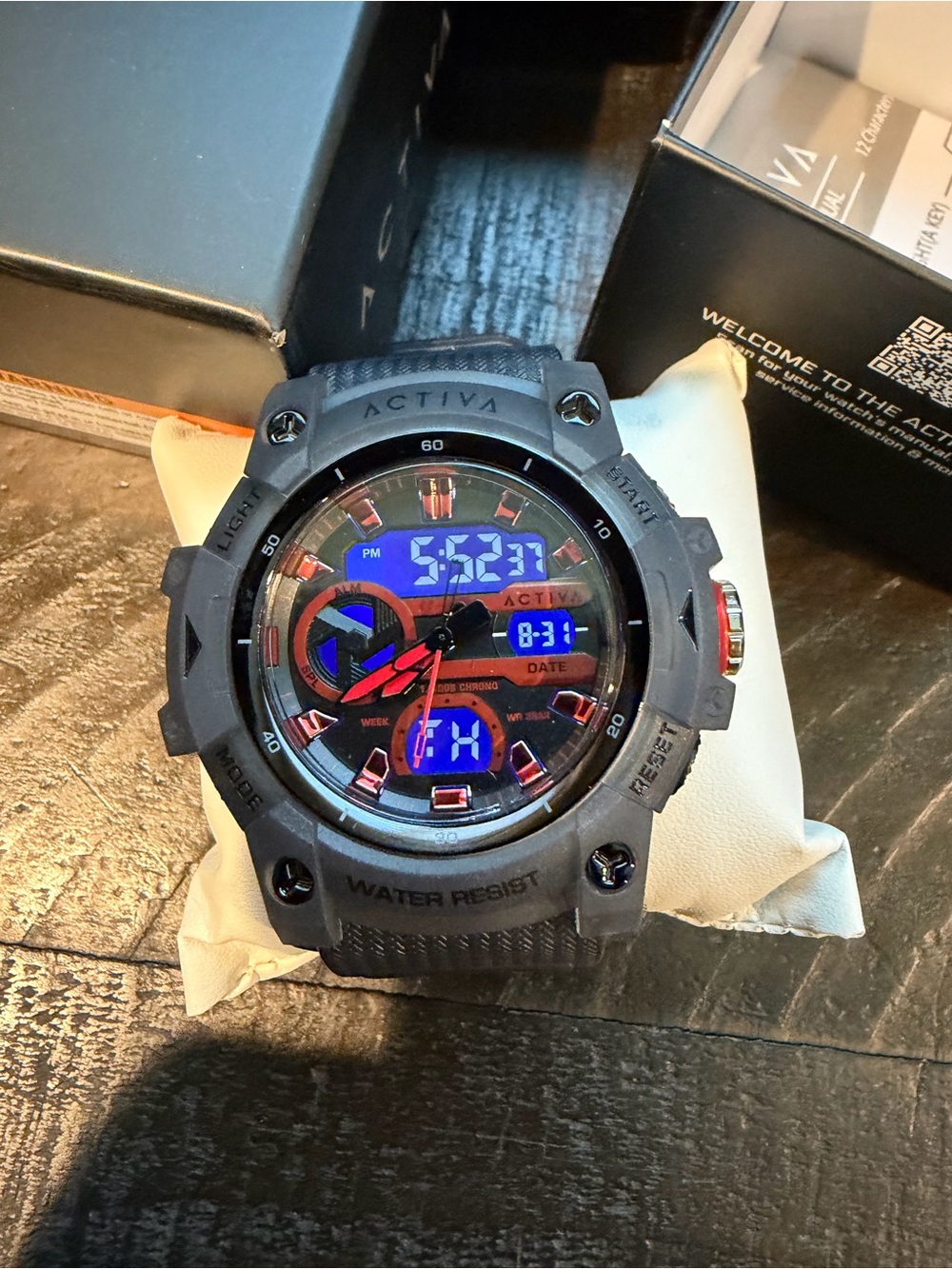 Ativa Black Watch with Blue Digital Display and Red Accents